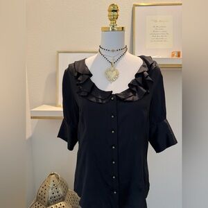 Kenzie 100% Silk Black Ruffle Collar Button-Front Blouse Gold Buttons